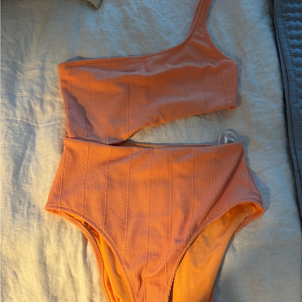 aerie One-Shoulder Textured Orange One-Piece Swimsuit